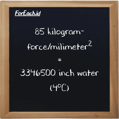 85 kilogram-force/milimeter<sup>2</sup> is equivalent to 3346500 inch water (4<sup>o</sup>C) (85 kgf/mm<sup>2</sup> is equivalent to 3346500 inH2O)